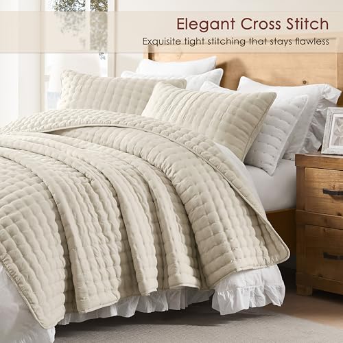 WDCOZY Beige Queen Size Quilt Bedding Set, 3-Piece Lightweight Soft Coverlet