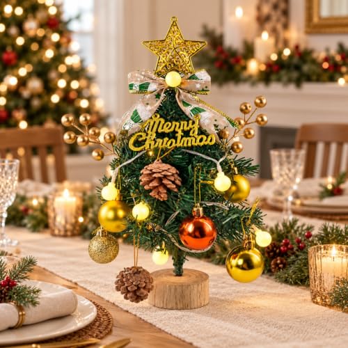 AethelFlora 13-Inch Lighted Christmas Tabletop Tree with 20-Piece Decor Set