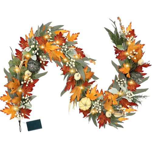 6FT Lighted Fall Maple Leaf Garland with Timer & Pumpkins for Mantel Decor