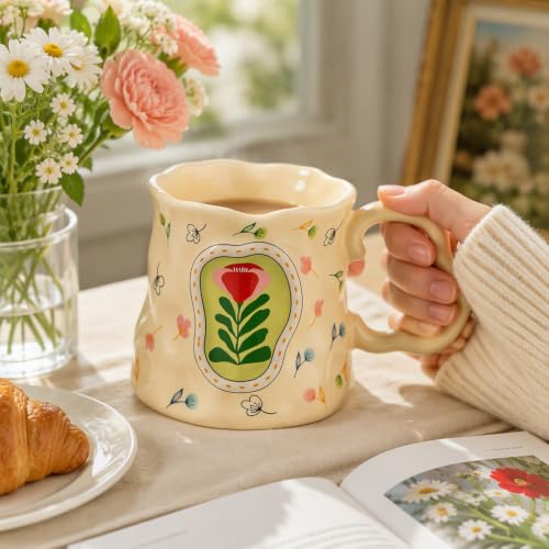 VABILNIY Hand Painted Floral Ceramic Mug 13.5 oz Creamy Yellow with Unique Curved Handle