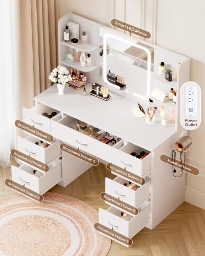 43-Inch White Makeup Vanity Desk with LED Mirror & Charging Station
