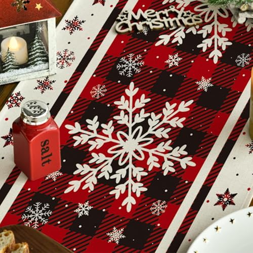 Niviy Snowflakes Christmas Table Runner 13x108 Inches with Buffalo Plaid - Holiday Kitchen Decor