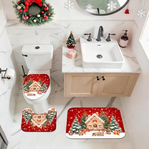 Christmas Gingerbread House Shower Curtain Set with Non-Slip Rugs - Bathroom Decor