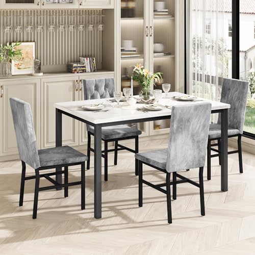 5-Piece Faux Marble Dining Table Set for 4 with Button Tufted Chairs