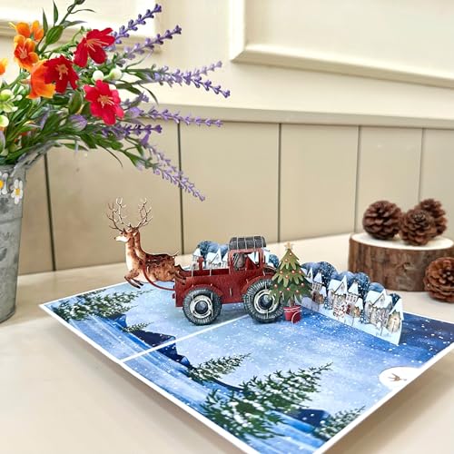 AIMEEOI Vintage Christmas Card with Santa in Red Truck & Reindeer, 5x7 Holiday Greeting with Envelopes, Unique Pop Up Design