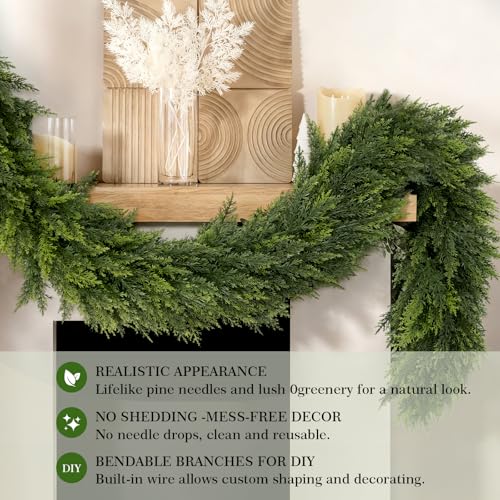 6 ft Cedar Garland - Real Touch Artificial Christmas Greens for Indoor Outdoor Decor