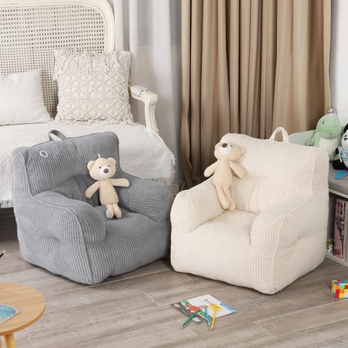 Kids Bean Bag Chair with Plush Teddy Bear - Comfortable Toddler Seat, Grey