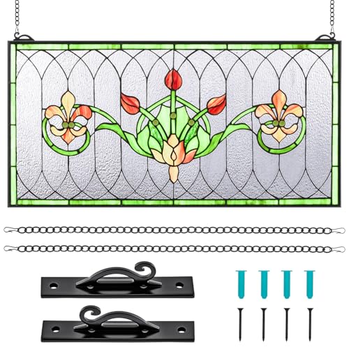 32"x16" Handcrafted Stained Glass Transom Window Panel - Floral Design