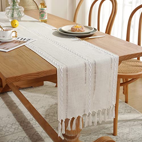 Ivory Rustic Boho Table Runner 13x108 in, Handmade Braided Ivory Tassels, Farmhouse