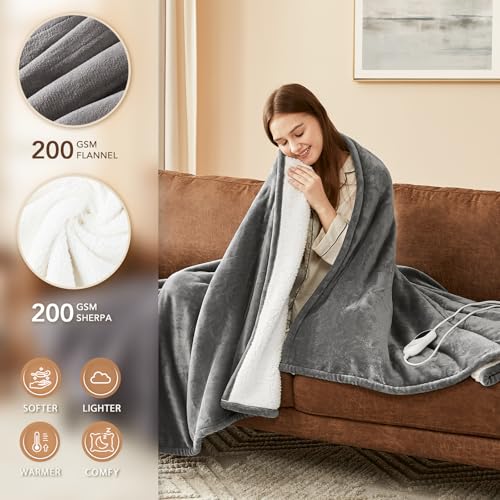 Homemate Electric Heated Throw Blanket - 50"x60" Soft Flannel Sherpa