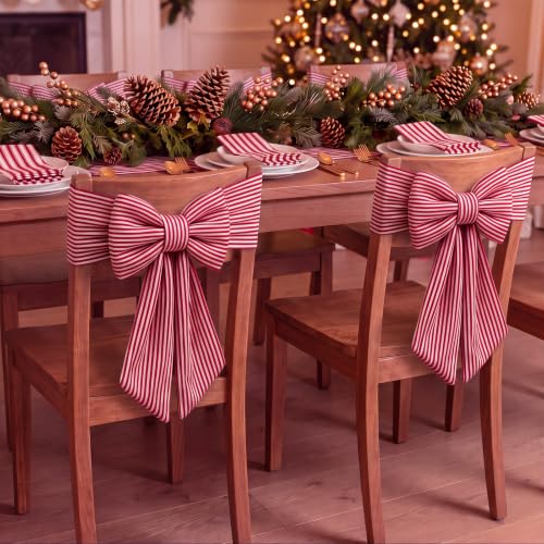 Fanfanwin Christmas Chair Covers Set with Bows - Red & White Stripe Velvet Decor for Dining Chairs