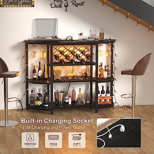4-Tier Coffee Bar Cabinet with LED Lights, Power Outlets & Wine Storage
