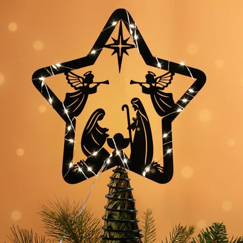 Nativity Scene Christmas Tree Topper with Warm Lights & Timer - Star Decorations