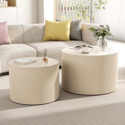 Modern Round Nesting Coffee Table Set of 2, Beige Wooden Accent Tables