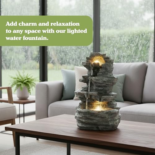 4-Tier Tabletop Rock Waterfall Fountain with LED Lights, Gray Polyresin