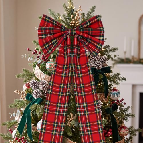 Junkin 20x12in Red Green Tartan Christmas Tree Topper Bow - 60in Overall For Large Trees