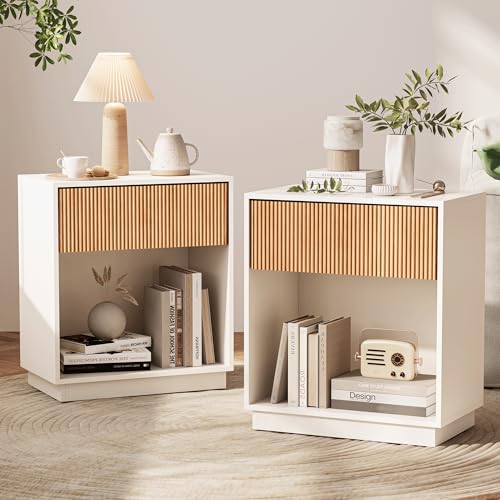 Fluted Nightstands Set of 2, Modern Bedside Table with Drawer and Shelf
