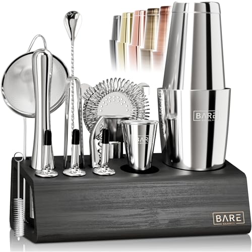 Bare Barrel 28oz Boston Shaker Cocktail Set with Recipe Cards | Silver/Black Bartending Kit