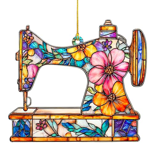 RosaTeeStore Faux Stained Glass Sewing Machine Ornament - Christmas Decoration, Sewing Gift, Hanging Holiday Decor (Sewing Ornament)