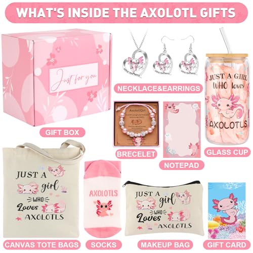 Axolotl Gift Set - Cute Gifts for Axolotl Lovers Including Mug, Tote, Socks, Jewelry & Notepad