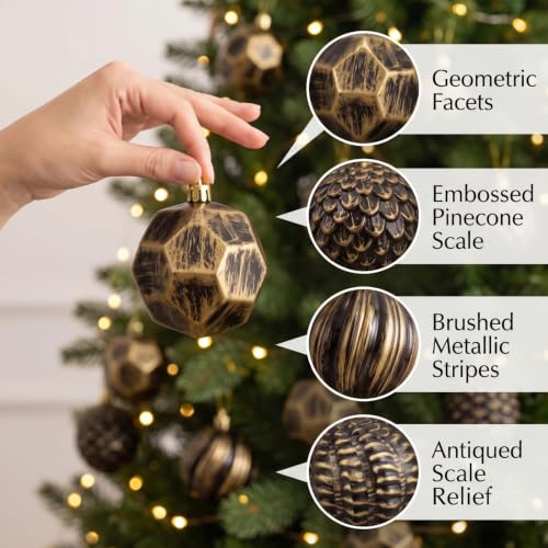 12 Pcs Christmas Tree Ornaments: 3.15" Black Gold Shatterproof