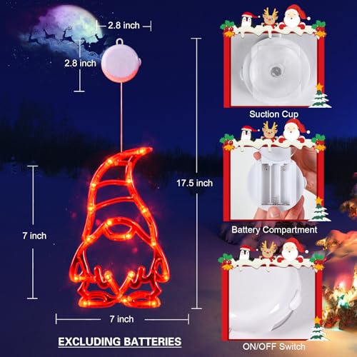 LOLStar 3 Pack Gnomes Christmas Window Lights with Suction Cups - Timer & Fade Mode, Battery Operated