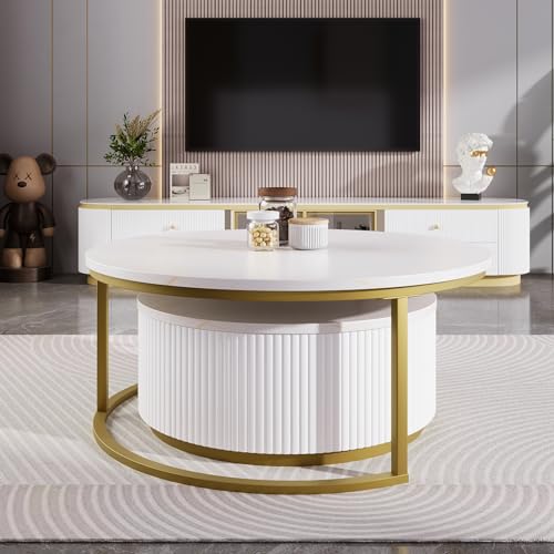 Modern Round Nesting Coffee Table Set with Storage Drawer, White and Gold