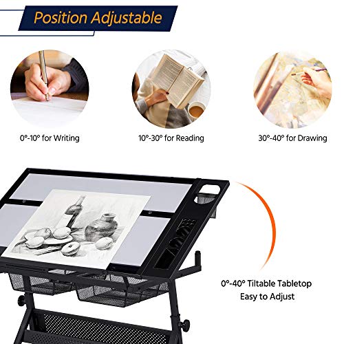 Adjustable Drafting Table with Stool, Tilting Glass Art Desk, Black
