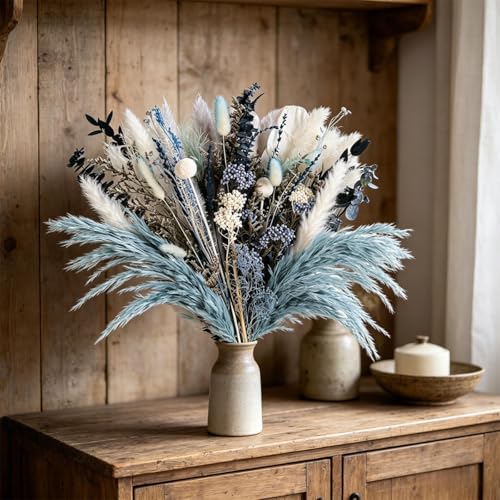 Dusty Blue Pampas Grass Bouquet - 17-Inch Dried Flower Arrangement