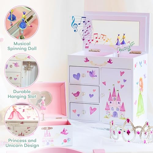 Musical Jewelry Box for Girls with Spinning Princess and 3 Drawers