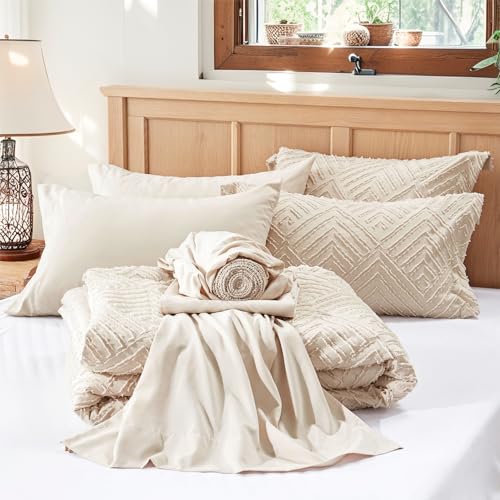 Boho Tufted Queen Comforter Set - 7-Piece Beige All-Season Bed in a Bag