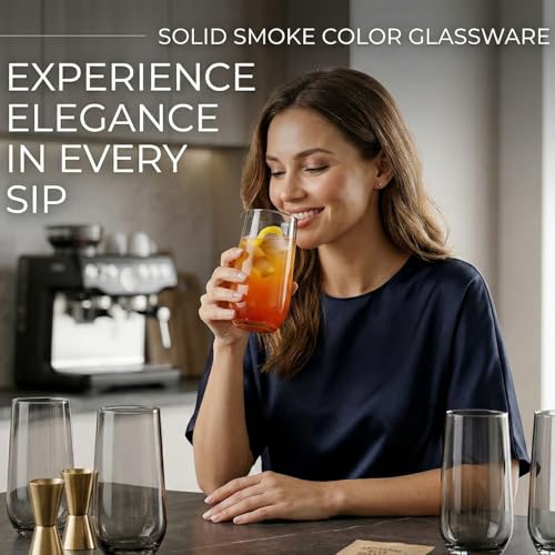 Biandeco Set of 6 Grey Smoked Glasses 16 oz - Modern Black Charcoal Drinkware