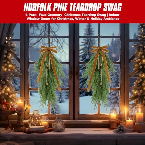 27-Inch Artificial Norfolk Pine Christmas Teardrop Swag with Velvet Bows & Bells