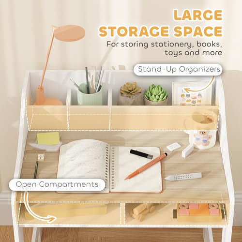 Kids Desk and Chair Set with Storage - Natural Wood Study Table for Children