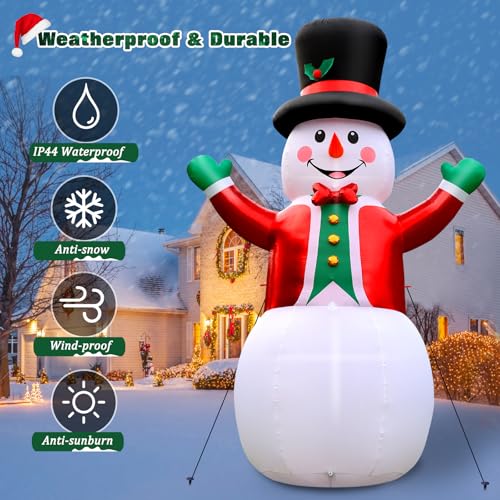 FunFanso 12 Ft Christmas Inflatable Snowman with LED Lights, Wear Hat & Red Suit – Giant Outdoor Decor