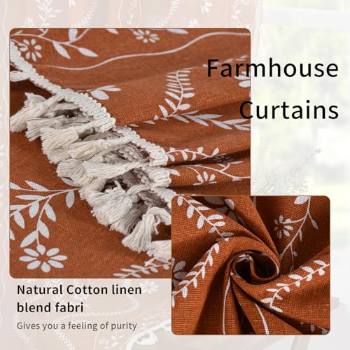 Floral Rust Orange Linen Curtains 96" Length - 2 Panels