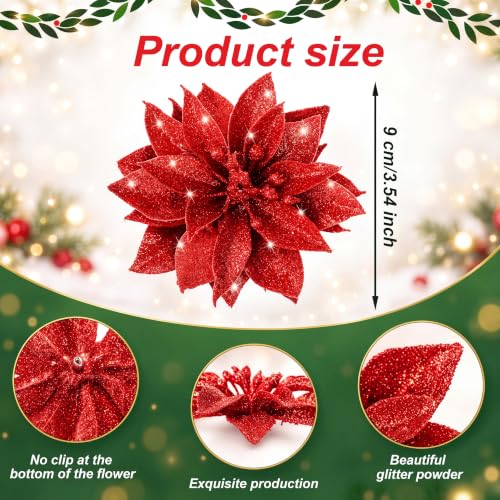 Gejoy 36 Pcs Red Poinsettia Flowers 3.54 In for Christmas Tree Decor, Wreaths