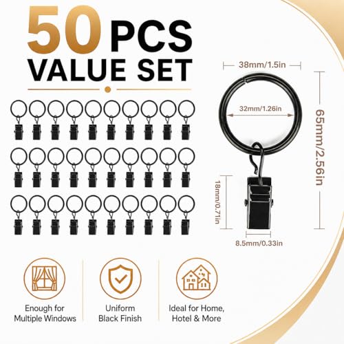 50 Pcs Black Metal Curtain Rings with Clips - 1.26 Inch Drapery Hooks