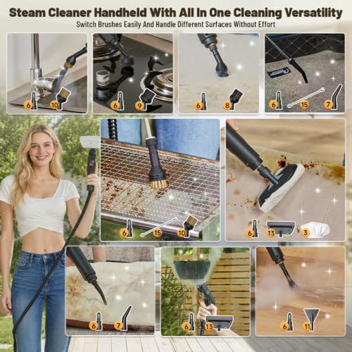 Gautye Handheld Steam Cleaner with 15 Accessories and 3-Level Adjustable Handle