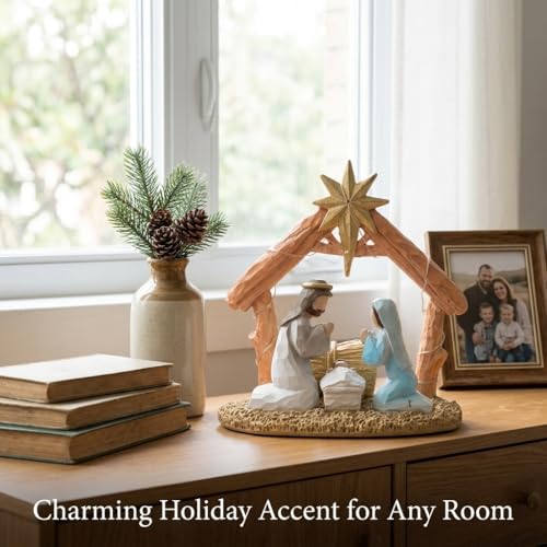 Lighted Nativity Scene Set, Hand-Painted Christmas Manger Figurine Display