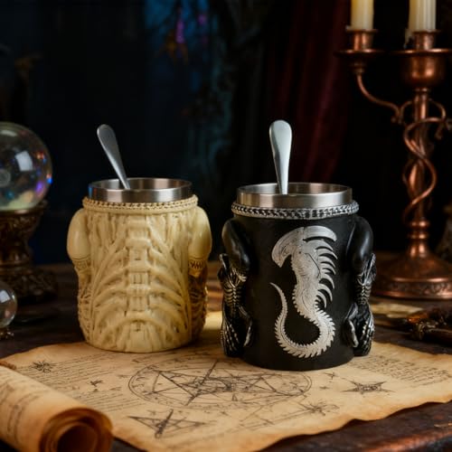 Black Alien Xenomorph Mug with Spoon, 14 oz Sci-Fi Coffee Cup Gift for Fans