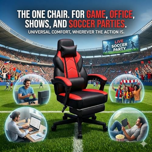 Ergonomic Gaming Chair with Footrest, Massage Lumbar Support & Recliner, Red