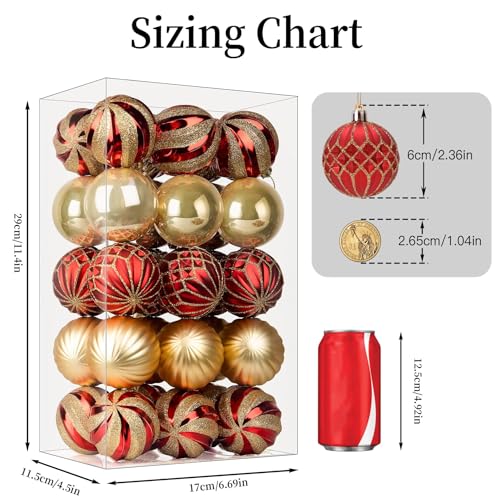 Christmas Tree Ornaments Set - 30 Red & Gold Shatterproof Balls 60mm