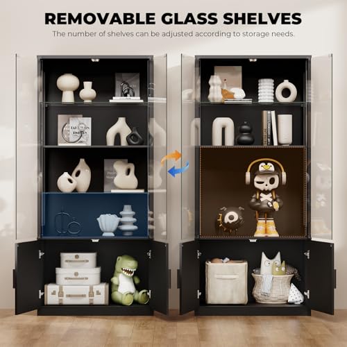 67" Glass Display Cabinet with LED Lights and Motion Sensor, 4-Tier Black