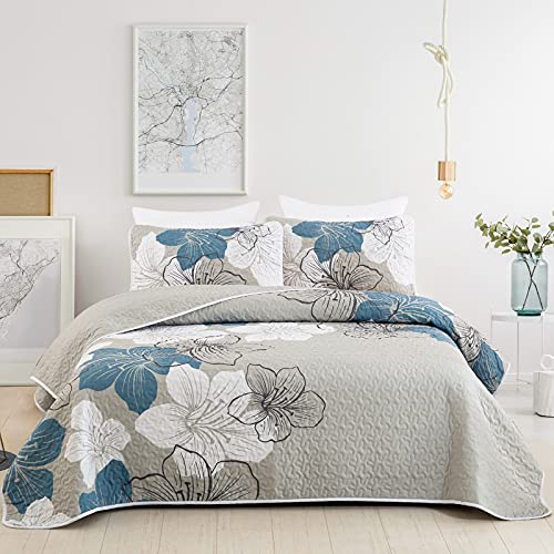 California King Floral Quilt Set - 3-Piece Blue Boho Bedspread