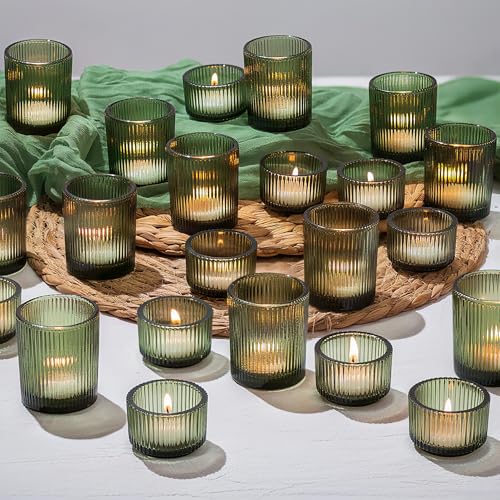 Dark Green Glass Tealight Candle Holders Set of 24 Ribbed Votive for Christmas