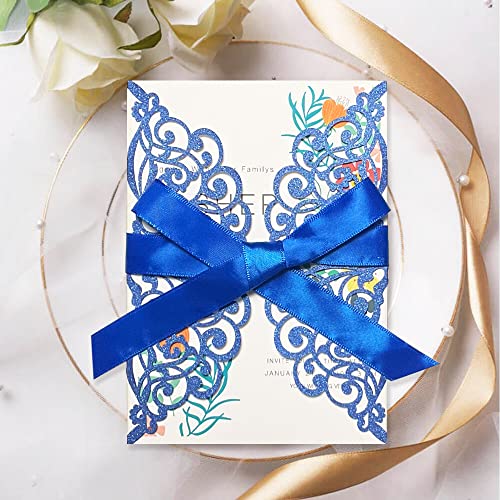 Fashmade Blue 50Pcs Laser Cut Wedding Invitations with Glitter Envelopes & Ribbons (Blank Inside) 5x7 in