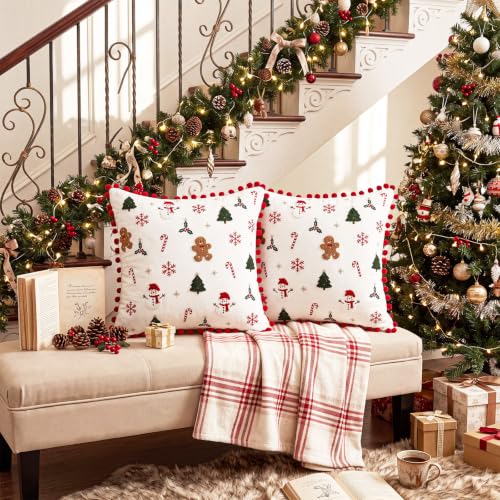 Oudain Christmas Tree Pillow Covers 18x18 Set of 2 with Red Pom Pom Trim - Gingerbread Man & Snowman December Holiday Throw Cushions, 18x18, Velvet
