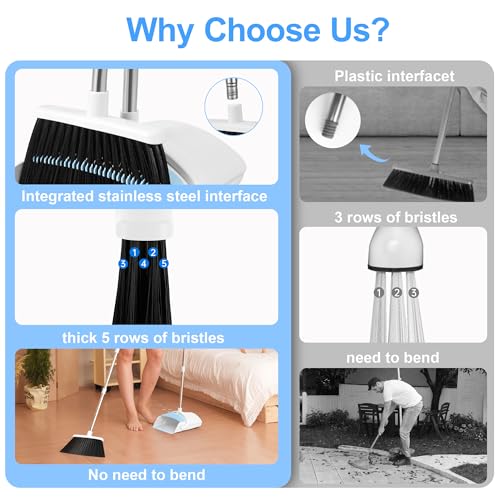 Broom and Dustpan Set with Comb Teeth & Adjustable Long Handle