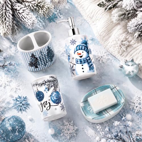 Blue Snowman Bathroom Accessories Set - Ceramic 4-Piece Christmas Decor